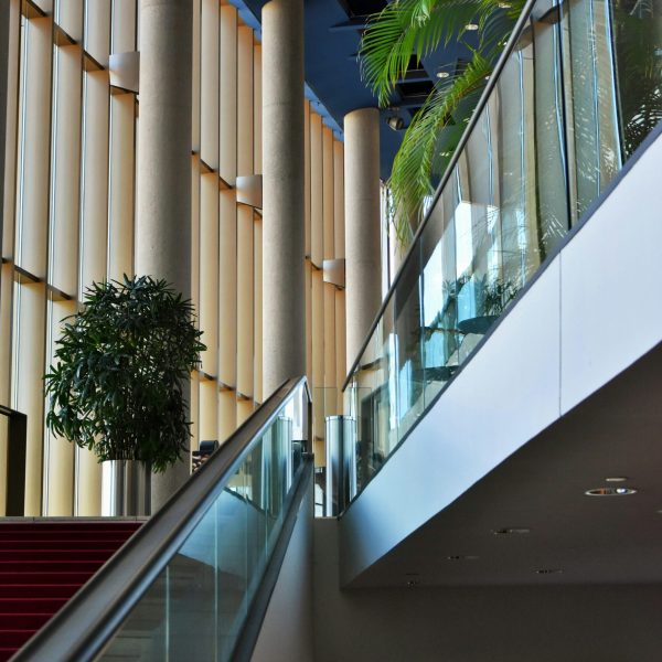 Contemporary architectural space with glass railings and indoor plants, showcasing luxury design.