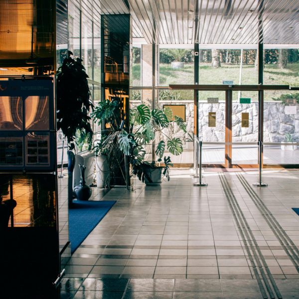 Elegant modern hotel lobby with glass entrance, luxurious design, and indoor plants.